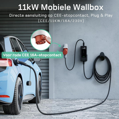 dé EV Oplader CEE 11kW [10m, 3-Fase, 6-16A] Wallbox 11kW met Type 2 Laadkabel en Digitaal LCD Bediening voor ID.3/4/5, Model 3/Y, EX30, IX1, Q3/4/5 en Andere EV & PHEV