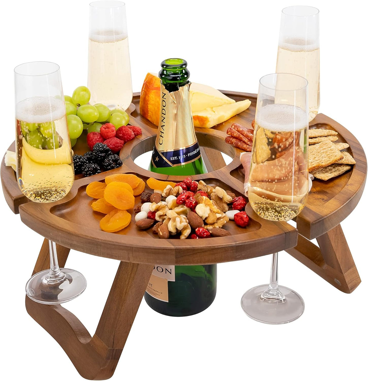 Klappbarer Weintisch - Hält Weingläser und -Flaschen an ihrem Platz - Outdoor Weintisch - Tragbarer Weintisch - Picknicktisch Mini Campingtisch Weinglashalter Holz - Outdoor Wine Table Picnic Table