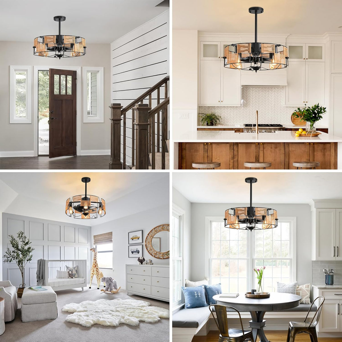 Ganeed Plafondventilatoren met Verlichting Industriële Stijl Boerderij 49cm Kroonluchters Boho Rotan Kooilamp Hangende Hanger E27 met Afstandsbediening Zwart 4 Lichten