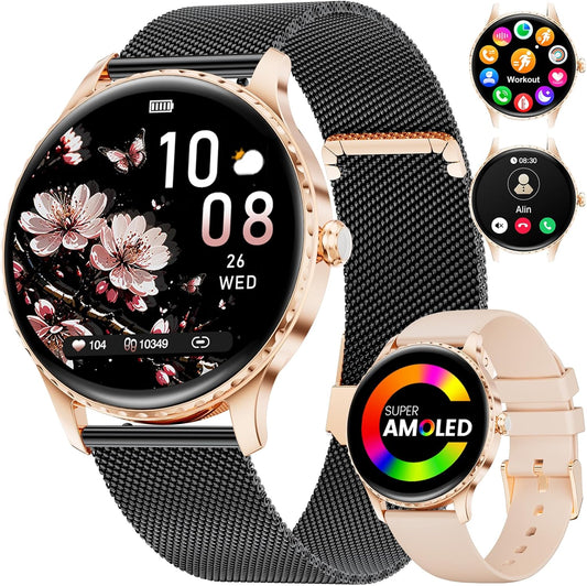 FV22-G-EU-LT-L Smartwatch voor dames, 2 armbanden, 1,43 inch HD AMOLED smartwatch met telefoonfunctie, roségoud, sporthorloge met 120+ sportmodi