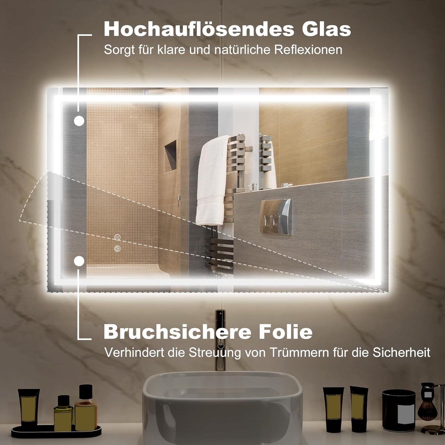 LED Badkamerspiegel – Spiegel met Verlichting – Touch LED Spiegel – Badkamerwandspiegel – Lichtspiegel – Anti-condens Functie – 100x60 cm Zilver