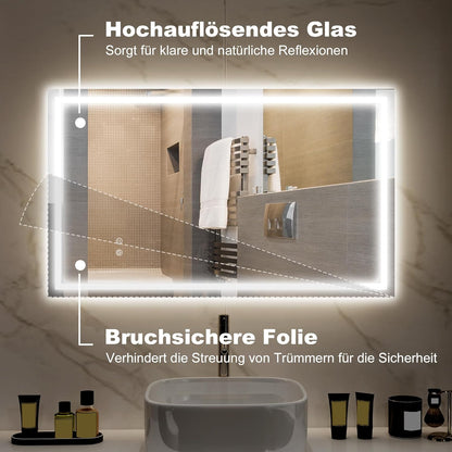 LED Badkamerspiegel – Spiegel met Verlichting – Touch LED Spiegel – Badkamerwandspiegel – Lichtspiegel – Anti-condens Functie – 100x60 cm Zilver