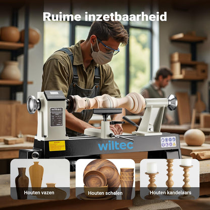 Wiltec houtdraaibank 550 W voor houtbewerking draaibank voor hout werkbank gereedschap variabele snelheid 650-3800 rpm 3 standen draaimachine houtmachine houtwerkbank