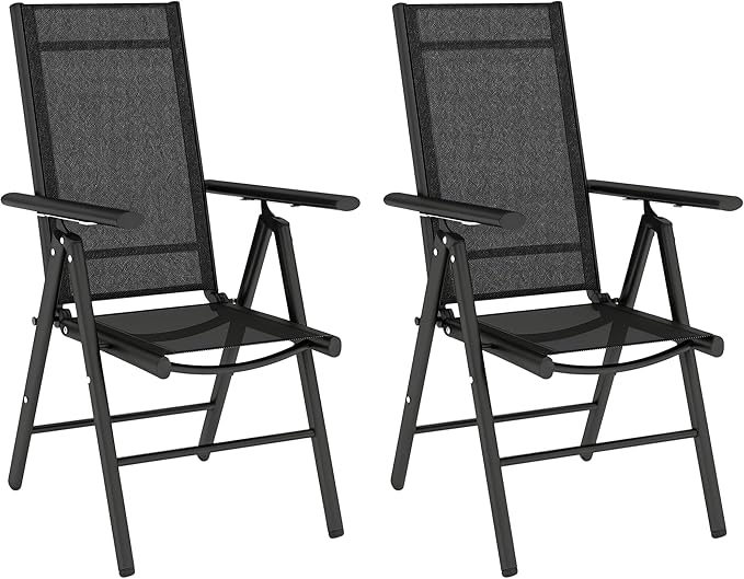 Outsunny Set of 2 Folding Chairs, Aluminium Frame, Outdoor Camping Chairs with Breathable Mesh Backrest and Seat, Garden Chair Set with Armrests for Balcony, Black - QUORE