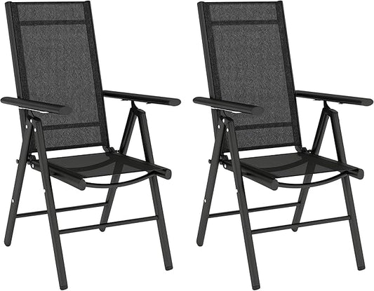 Outsunny Set of 2 Folding Chairs, Aluminium Frame, Outdoor Camping Chairs with Breathable Mesh Backrest and Seat, Garden Chair Set with Armrests for Balcony, Black - QUORE