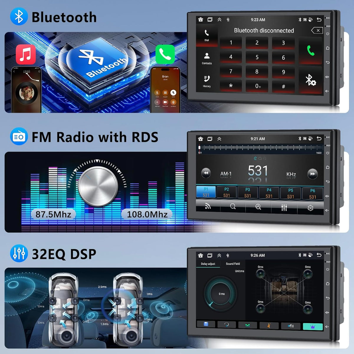 【8 Cores 6+128G】 Hodozzy Carplay Android Autoradio 2 Din met GPS 7 Inch Touchscreen, Bluetooth Autoradio met Android Auto/DSP/WiFi/RDS/FM/USB + Achteruitrijcamera