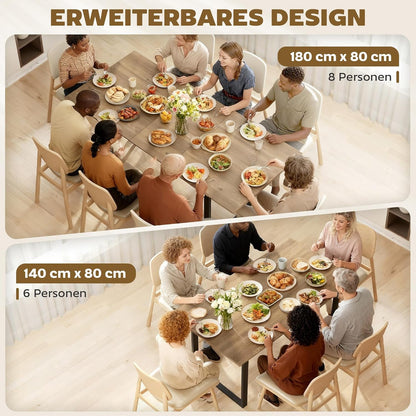 HOMCOM Uitschuifbare Eettafel 140/180 x 80 cm Eettafel met Stalen Poten Rechthoekige Keukentafel voor 6-8 Personen voor Keuken, Eetkamer, Natuur