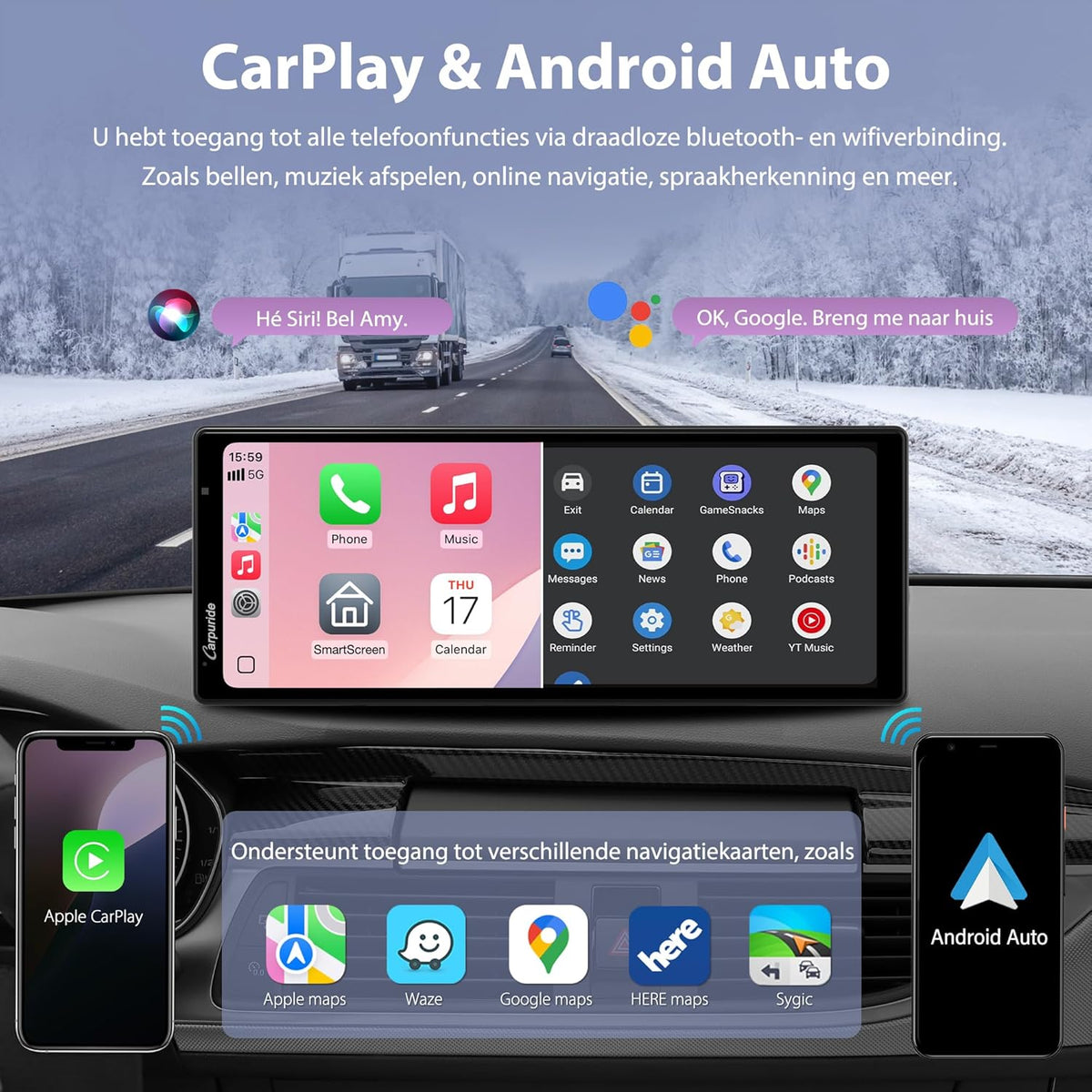 Draadloze CarPlay Android Auto – Auto Infotainmentsysteem – Touchscreen Navigatie – Handsfree Spraakbediening – Dashcam Systeem – 10,26 Inch HD IPS Scherm – 4K Voorcamera + 1080P Achtercamera