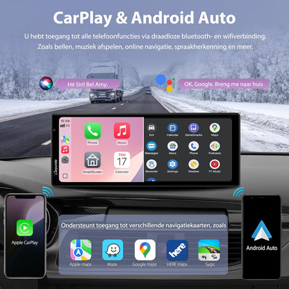 Draadloze CarPlay Android Auto – Auto Infotainmentsysteem – Touchscreen Navigatie – Handsfree Spraakbediening – Dashcam Systeem – 10,26 Inch HD IPS Scherm – 4K Voorcamera + 1080P Achtercamera