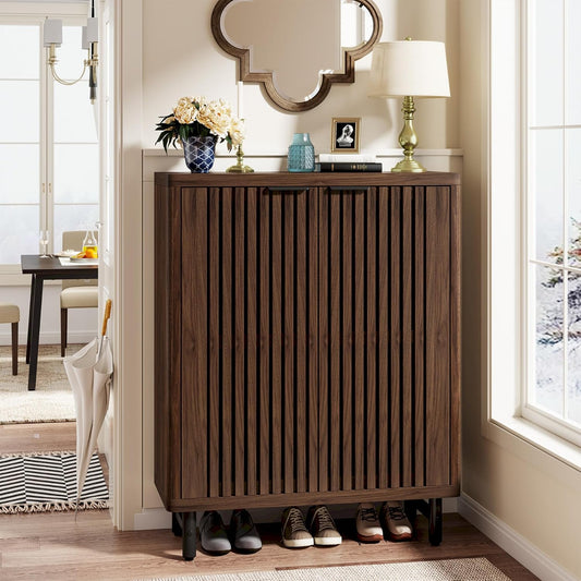 Tribesigns 6 Tier Shoe Cabinet with Shutter Doors, Large Wooden Shoe Storage Cabinet with Adjustable Shelves, Farmhouse Freestanding Shoe Organizer for Entrance, Hallway, Dark Walnut