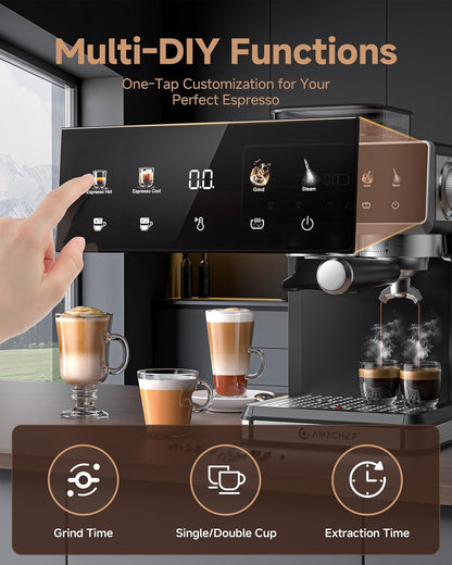 AMZCHEF Zeefdragermachine met maalwerk, 20 bar, espressomachine voor thuis met melkopschuimer, 3 temperatuurniveaus, 20 maalgraden, koud en warm brouwen, touchscreen-display