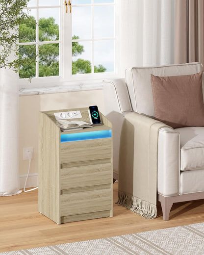 Hzuaneri Bedside Table Set of 2 with 3 Drawers, Side Table with Charging Base and LED, 2 AC Sockets and 2 USB Ports for Bedroom, Living Room, Oak Colors NS40116X