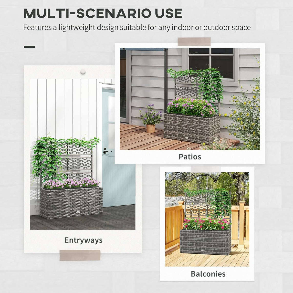 Outsunny 33L Garden PE Rattan Planter Trellis Freestanding Flower Raised Bed for Garden, Garden Planter for Climbing Planter, 84cm x 30cm x 107cm, Light Grey - QUORE