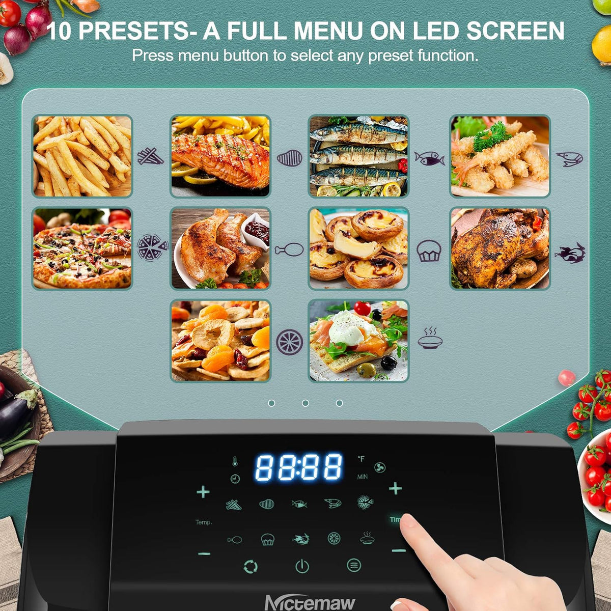 Nictemaw Olievrije friteuse van 12 liter, 1500 W, heteluchtfriteuse, heteluchtoven met 10 programma's, dehydrator, met LED-display (XXX-groot)
