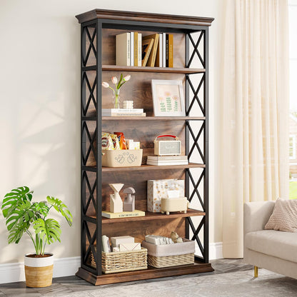Tribesigns 6 Tier Bookcase, 71 Inch Industrial Bookcases and Bookcases, Floor Standing, 5 Shelves, Storage Shelves, Tall Bookcase for Home Office, Living Room, Bedroom, Brown and Black