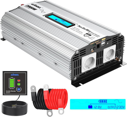 GIANDEL 2000 W zuivere sinus omvormer, DC 12 V naar AC 230 V, spanningsomvormer compatibel met LiFePO4-batterij, Power Inverter met 2 x 2,4 A USB en afstandsbediening en LCD-display voor