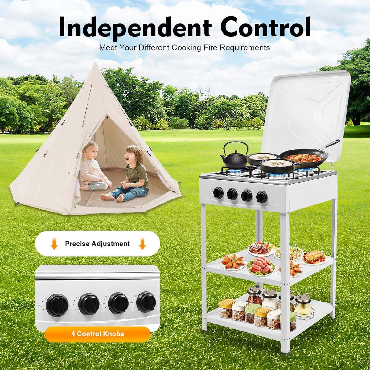 OUKANING 4-Flame Gas Stove Freestanding, Portable Outdoor / Indoor Gas Hob with Wind Protection and Dust Protection, Manual Flammable (Lpg/Ng), Non-Slip Feet and Heat Dissipation (White) - QUORE