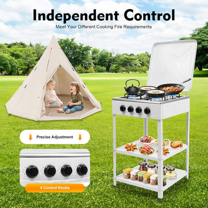 OUKANING 4-Flame Gas Stove Freestanding, Portable Outdoor / Indoor Gas Hob with Wind Protection and Dust Protection, Manual Flammable (Lpg/Ng), Non-Slip Feet and Heat Dissipation (White) - QUORE