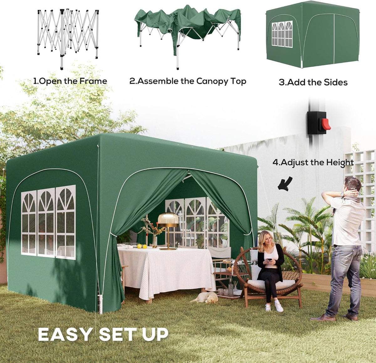 Outsunny UPF50+ 3x3 m Pop Up Gazebo with Sides and Carry Bag, UPF50+, Height-adjustable Gazebo, Instant Event Shelter for Garden, Outdoor, Patio, Dark Green - QUORE