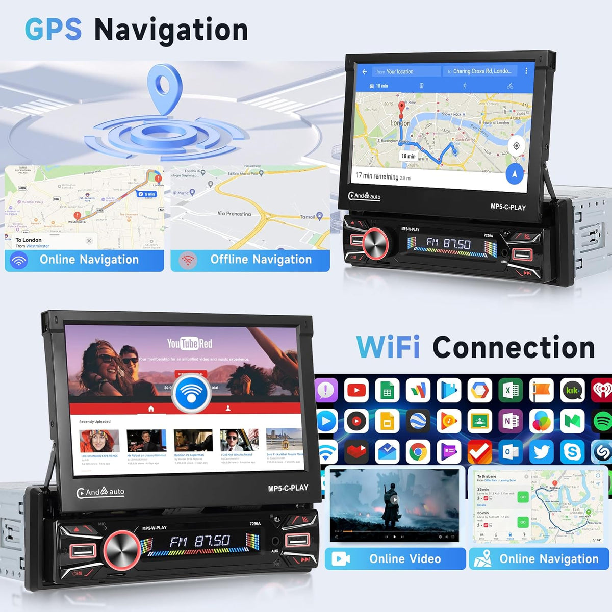 2G+64G Draadloze Carplay Android 13 Autoradio 1 Din met Android Auto Navi GPS WiFi 7 inch Auto Uitbreidbaar Scherm Autoradio met Mirror Link Bluetooth FM/RDS/DAB/SWC/EQ/DVR Achteruitrijcamera