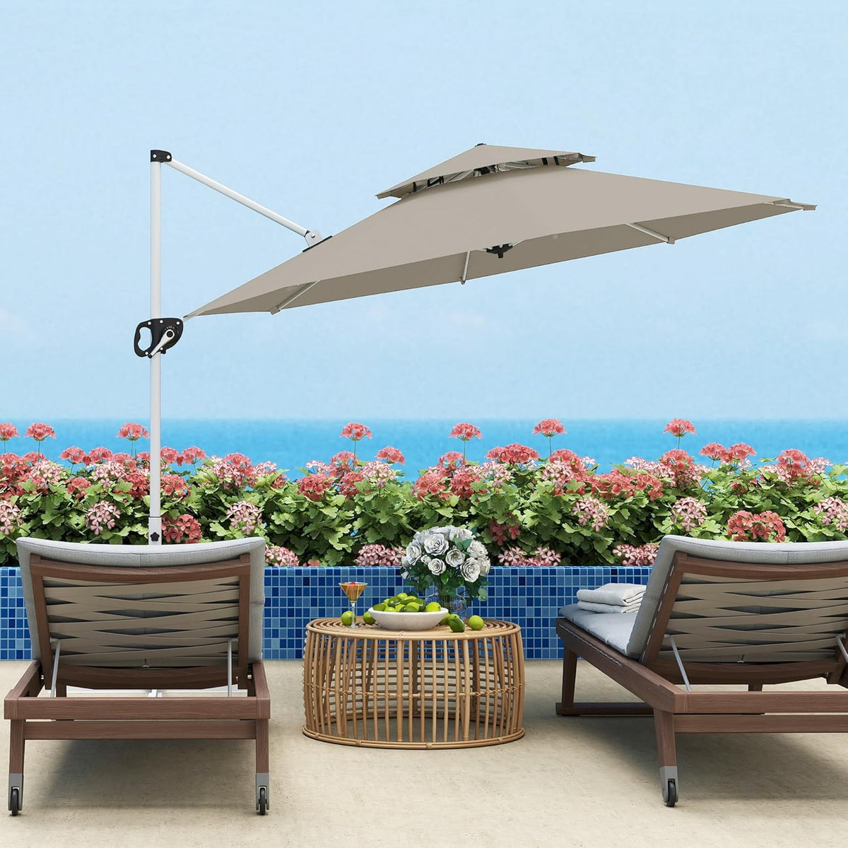 Outsunny Round Floating Parasol, 3 x 2.5 m, Outdoor Garden Parasol with Crank, Cross Base, Tilting and 360° Rotatable, Double Roof, UV Protection UPF0+, Grey, Light Grey