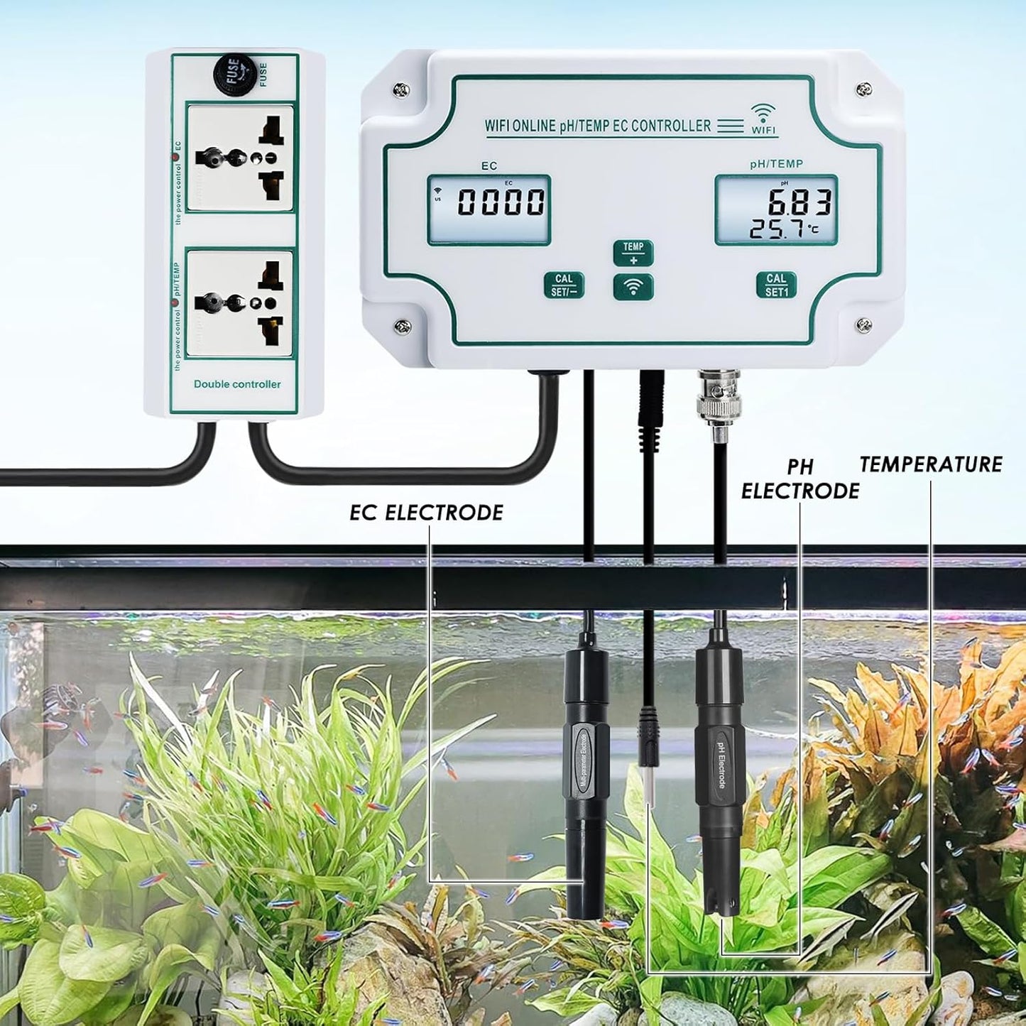 Slimme Wifi-waterkwaliteitstester pH-, EC- en Temperatuurmonitor Continue Online Monitoringstester met Lcd-scherm, App-meldingen, Realtime Gegevens, Vervangbare Sondes voor Hydrocultuur en Aquaria