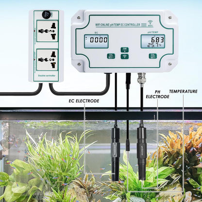 Slimme Wifi-waterkwaliteitstester pH-, EC- en Temperatuurmonitor Continue Online Monitoringstester met Lcd-scherm, App-meldingen, Realtime Gegevens, Vervangbare Sondes voor Hydrocultuur en Aquaria
