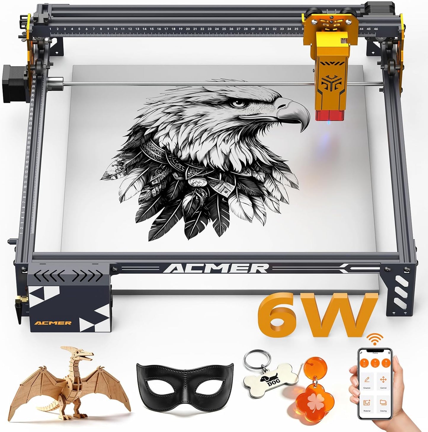ACMER P1 S PRO 6W lasergraveermachine, graveeroppervlak van 380 × 370 mm,precisie van 0,01 mm. Zeer nauwkeurige lasergraveermachine voor doe-het-zelfprojecten in hout, metaal, acryl, leer, enz.