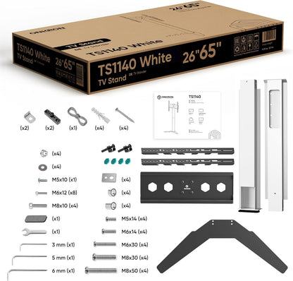 ONKRON TV vloerstandaard voor 26-65 inch beeldscherm tot 35 kg, universele tv-standaard in hoogte verstelbaar, VESA 100 x 100-400 x 400, standaard televisiestatief, wit TS1140-W