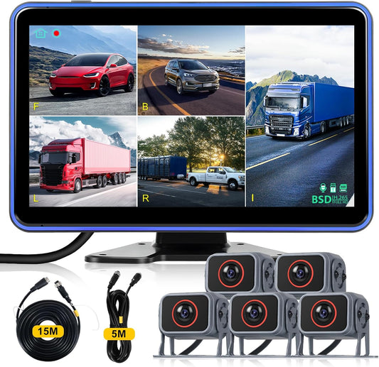 Hodozzy Achteruitrijcameraset met 5 achteruitrijcamera's voor auto, IPS, 25,6 cm (10,1 inch), 5-delig display, waterdicht, nachtzicht, met kabel voor vrachtwagen, camper, bestelwagen