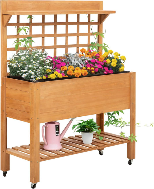 Verhoogd Plantenbed – Plantentafel – Bloementafel – Werktafel – Tuinmeubel – Dennenhout & Non-Woven – 3 Niveaus Met Wieltjes – 105x45x135 cm