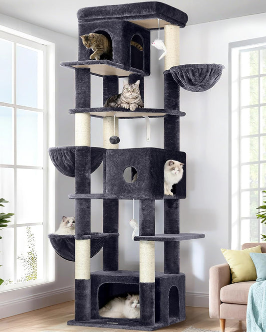 Globlazer Cat Tree Large, Cat Tree XXL high 204cm with 3 cat house,2 Large Platform, 2 Cat Baskets Soft, Stable cat tower luxury for 3-5 Large cats Rest Play Indoor (F80F, Dark grey) - QUORE