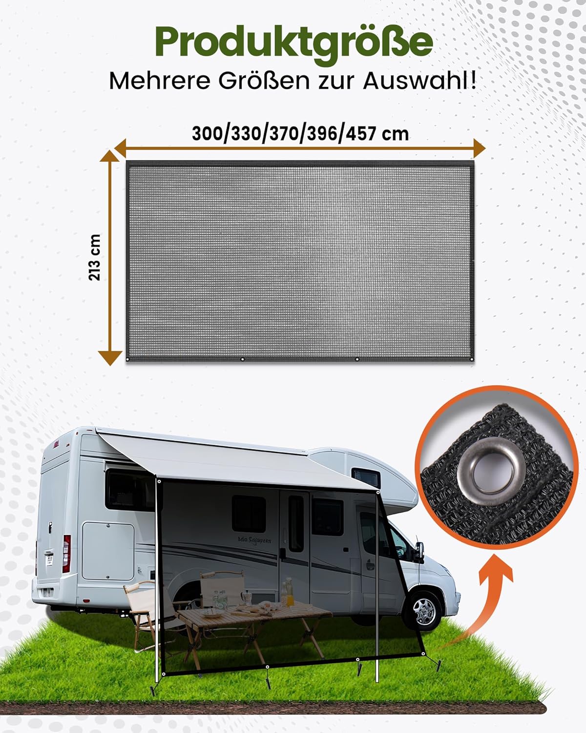Zonnescherm voor voortent camper, 85% zichtblocker Markisen, zichtbescherming voortent voor campingwagen, camper, caravan (Hoogte 2,13m x Breedte 3,3m)