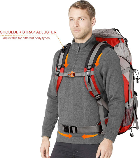 Wandelrugzak - Kampeertas - Trekking rugzak - Camping Essentials Tas - met Regenhoes 50L - Lichtgewicht - Waterdichte - 8 Verstelbare Riemen - Nylon - Rood