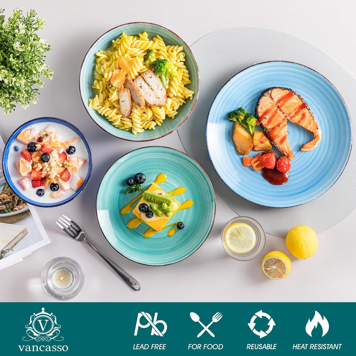 vancasso Bonita Blauwe Dinerset, 24-delig dinerservies voor 6 personen, handbeschilderde draaiende borden en kommen in moderne stijl, inclusief dinerborden, dessertborden, pastakommen en ontbijtkommen