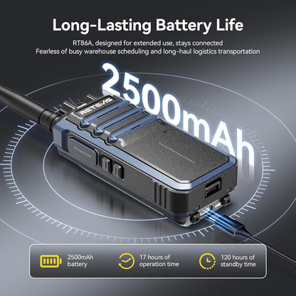 Retevis RT86A Portofoons met Groot Bereik voor Volwassenen met 6-Voudige Oplader, 2500 mAh-Batterij, Groepsgesprek, Robuuste Portofoon voor Zakelijk Gebruik (6-Pack, Zwart)
