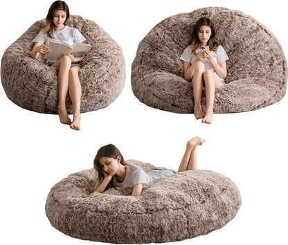 MAXYOYO Gigantische zitzakbed - ronde zitzakstoel - grote bank met lange hoes van imitatiebont en pluizige vulling inbegrepen voor volwassenen, stellen, gasten (koffiebruin, 150 x 150 cm)