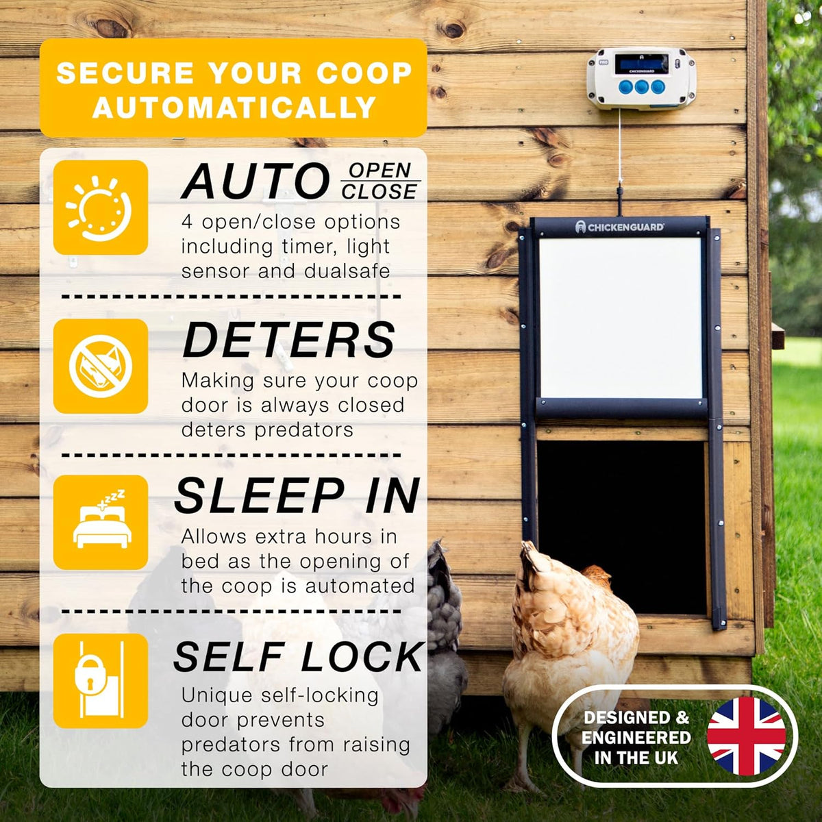 ChickenGuard Automatic Chicken House Door Opener, Power Source: Solar/Batteries/Electric. Timer/Light Sensor; Motor units alone or Combination kits. (PRO + Door + Batteries) - QUORE