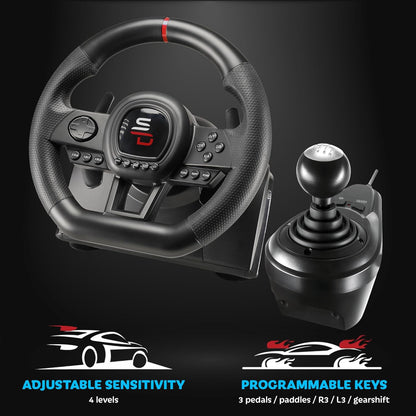 Gaming Stuur – Racestuur – Race Wheel – Simulatiestuur – Handmatig Schakelen – 3 Pedalen met Koppeling – Vibratie Feedback – Programmeerbare Schakelpeddels