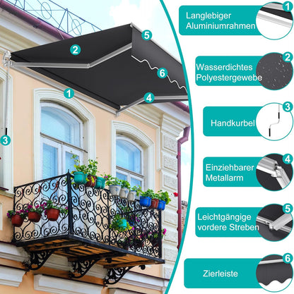 Klemluifel Balkonluifel Zonnescherm Klemluifel Scharnierarm Luifel – Donkergrijs – 250x200 cm – Aluminium Frame – Waterafstotend Polyester