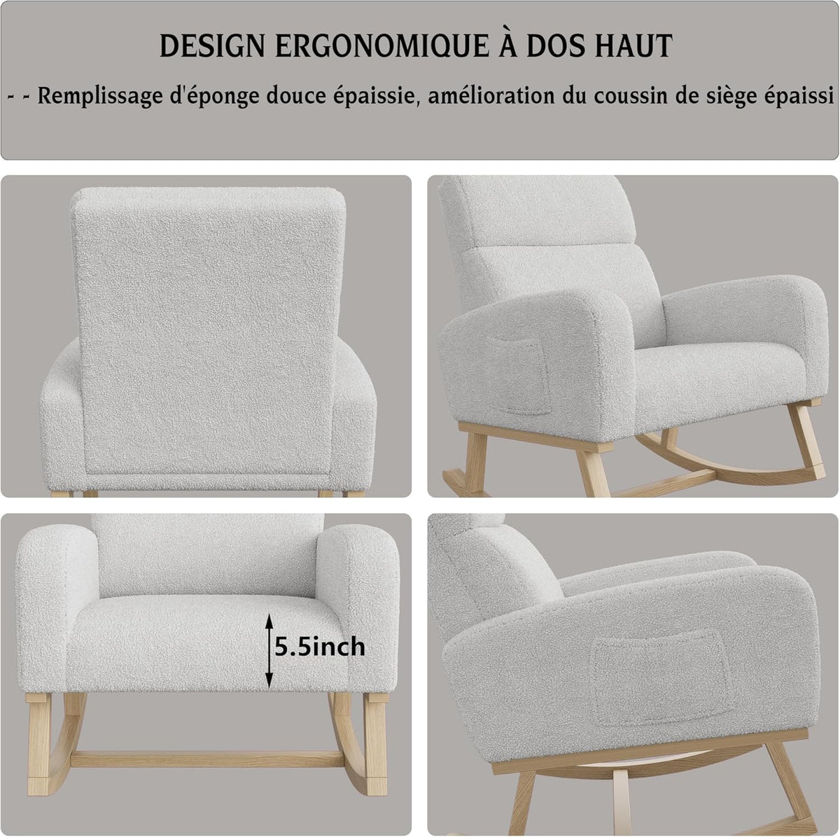 Schommelstoel – Relaxstoel – Hangstoel – Voedstoel – Leunstoel – Lichtgrijs – Ergonomisch Ontwerp – Zachte Teddy Stof