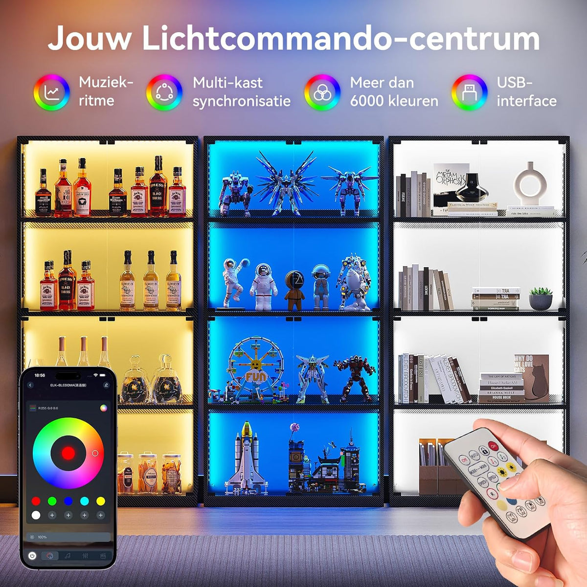 Glazen vitrine zwart – vitrinekast – displaykast – etalagekast – presentatiekast – 4 glazen planken – geïntegreerde ledverlichting