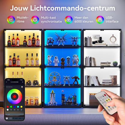 Glazen vitrine zwart – vitrinekast – displaykast – etalagekast – presentatiekast – 4 glazen planken – geïntegreerde ledverlichting