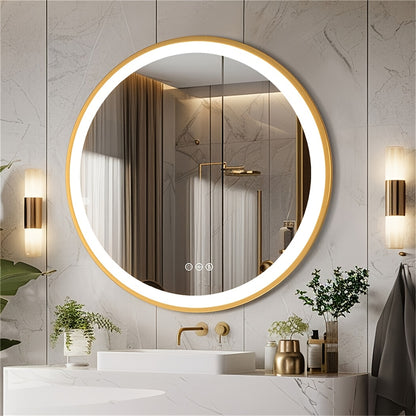 Badkamerspiegel LED – Wandspiegel – Rond – Verlichte Spiegel – Make-up Spiegel – Goud Aluminium Frame – 80x80 cm – Anti-condens Verwarming – Dimbare Driekleurverlichting