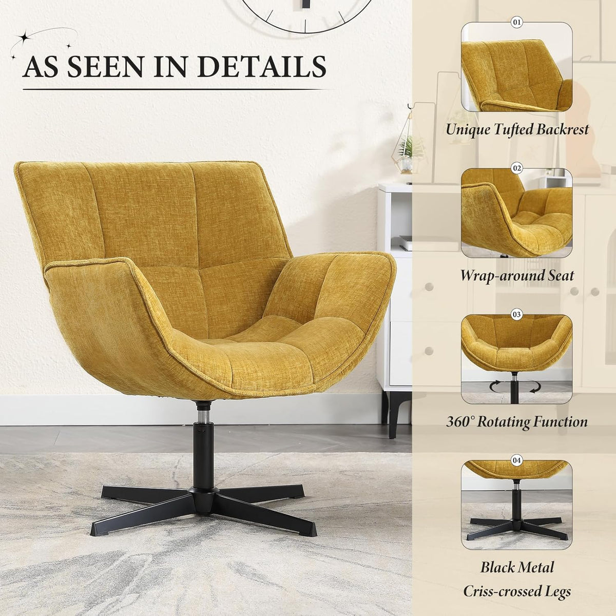 Draaifauteuil – Fauteuil – Lounge Stoel – Accentstoel – Zithoek Stoel – Gele Chenille Bekleding – 360° Draaifunctie – Compact Formaat