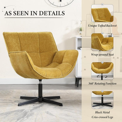 Draaifauteuil – Fauteuil – Lounge Stoel – Accentstoel – Zithoek Stoel – Gele Chenille Bekleding – 360° Draaifunctie – Compact Formaat