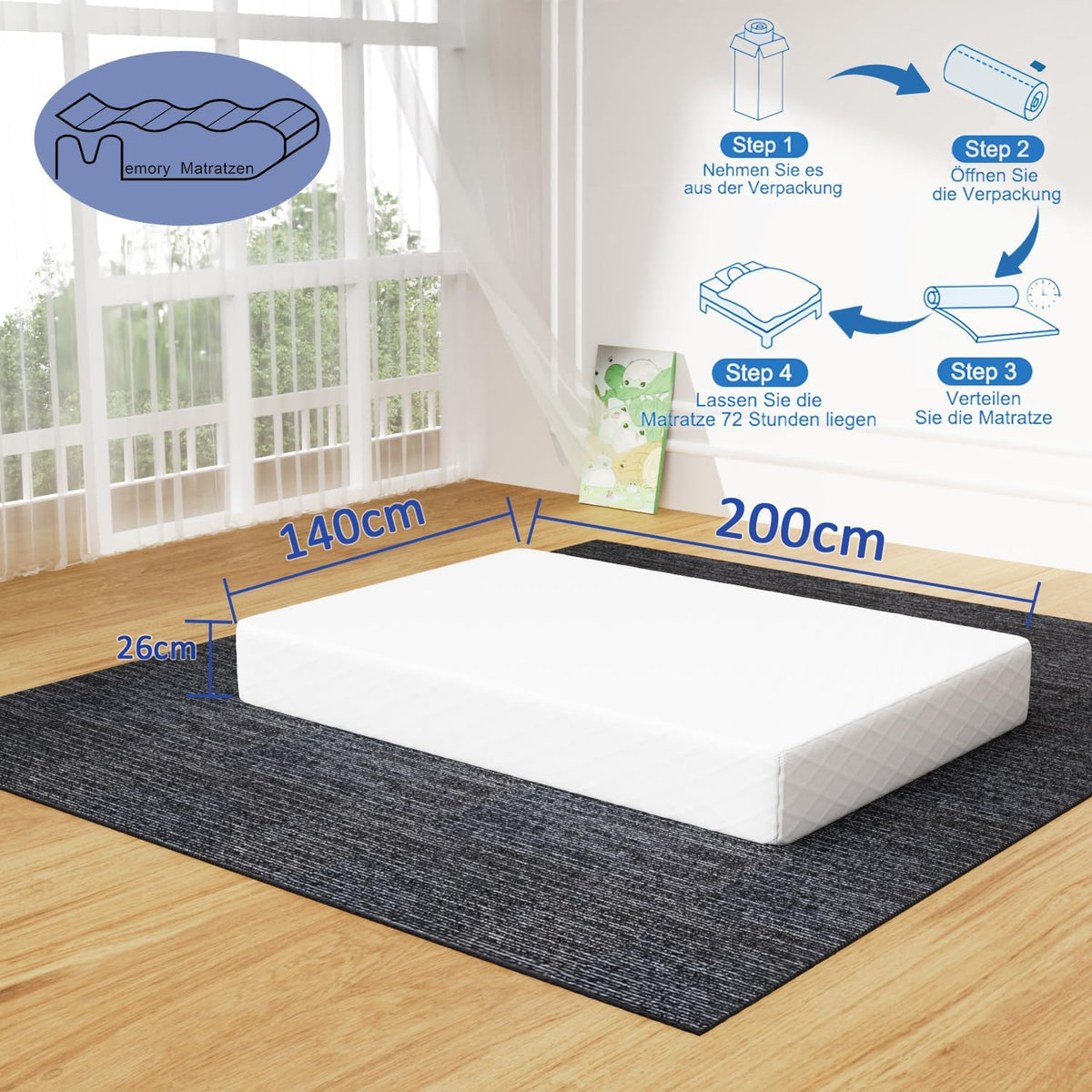 Izer Matras, 140 x 200 cm, 26 cm hoog, koudschuimmatras, hardheidsgraad H2 en H3, 7-zone ondersteuning met snelle terugvering, dubbele matras voor thuisgebruik (140 x 200 x 26 cm)