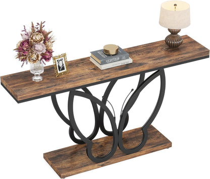 Tribesigns Farmhouse Console Table, 140cm Entrance Table with Butterfly Metal Frame, Long Narrow Wooden Bench Table Behind Sofa for Living Room Hallway Entrance, Brown and Black