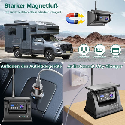 Magnetische draadloze achteruitrijcamera op zonne-energie, 5 inch monitor, AHD 1080P, achteruitrijcamera, oplaadbare batterij, geen bedrading, geen boren, draadloze back-upcamera voor