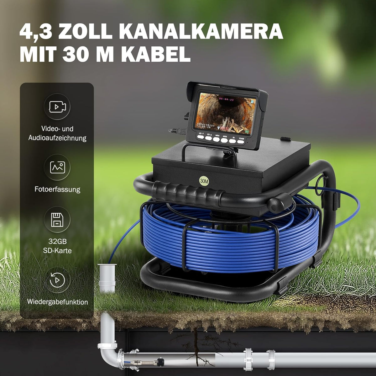 ZELCAN Inspectiecamera met 30 meter kabel en 4,3 inch lcd-scherm, videoinspectie voor buizen, waterdicht IP68, sonde met camera voor inspectieluizen voor afvoerbuizen